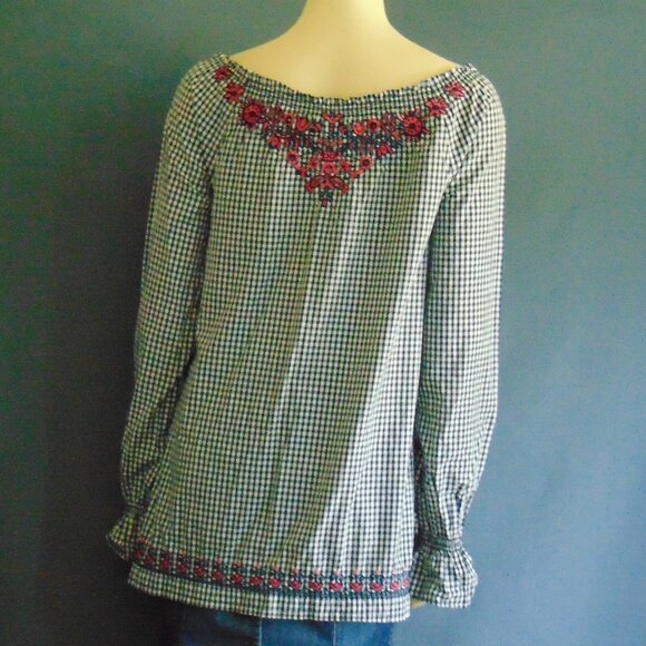 3J Workshop Johnny Was Navy Check Pink Floral Embroidery Off Shoulder Top Sm - Picture 10 of 12